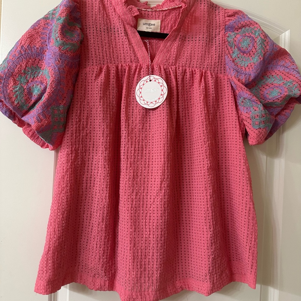 Pink love top with embroidered sleeves NWT